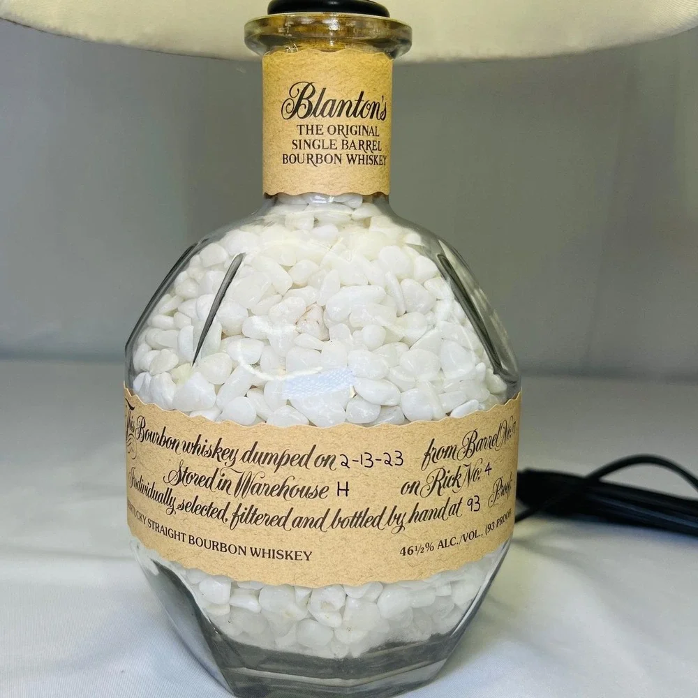 Blantons Bourbon Bottle Lamp Custom White Stone Fill Burlap Shade Rustic Decor‎